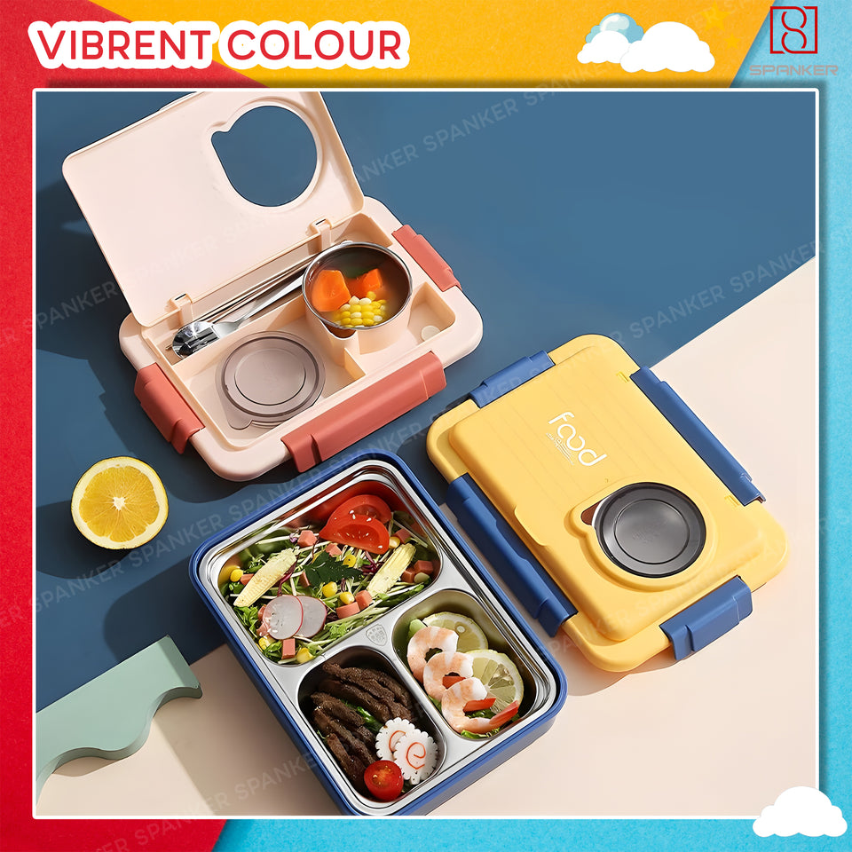 Spanker 1050ML Stainless Steel Insulation BPA Free Leak-Proof 5 Compartment Lunch Box with 3 pc Cutlery Bento Box for Kid Adult Student Children - Orange