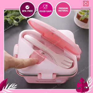 Spanker 600 ML Cartoon Design Portable Leak-Proof, BPA-Free Dishwasher Safe Stainless Steel Bento Lunch Box with Spoon & Fork for Toddlers Preschoolers - Pink