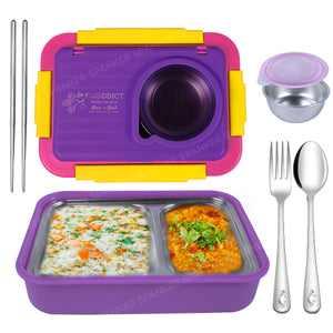 Spanker 1050ML Stainless Steel Insulation BPA Free Leak-Proof 5 Compartment Lunch Box with 3 pc Cutlery Bento Box for Kid Adult Student Children - Purple