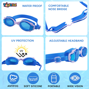 Toyshine 3 Pc Swim Set - Dual Color Swim Cap and Swimming Goggles with Nose Clip and Ear Buds Unisex Set for Age 5-15 Boys Girls - Multi