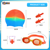 Toyshine 3 Pc Swim Set - Dual Color Swim Cap and Swimming Goggles with Nose Clip and Ear Buds Unisex Set for Age 5-15 Boys Girls - Multi