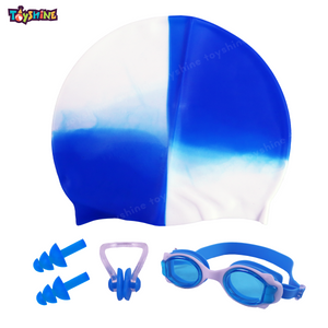 Toyshine 3 Pc Swim Set - Dual Color Swim Cap and Swimming Goggles with Nose Clip and Ear Buds Unisex Set for Age 5-15 Boys Girls - Multi