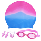 Toyshine 3 Pc Swim Set - Dual Color Swim Cap and Swimming Goggles with Nose Clip and Ear Buds Unisex Set for Age 5-15 Boys Girls - Multi