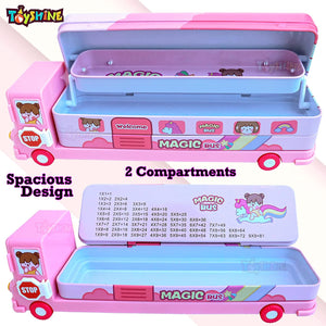 Toyshine Cartoon Printed School Bus Matal Pencil Box with Moving Tyres and Sharpner for Kids - Pink