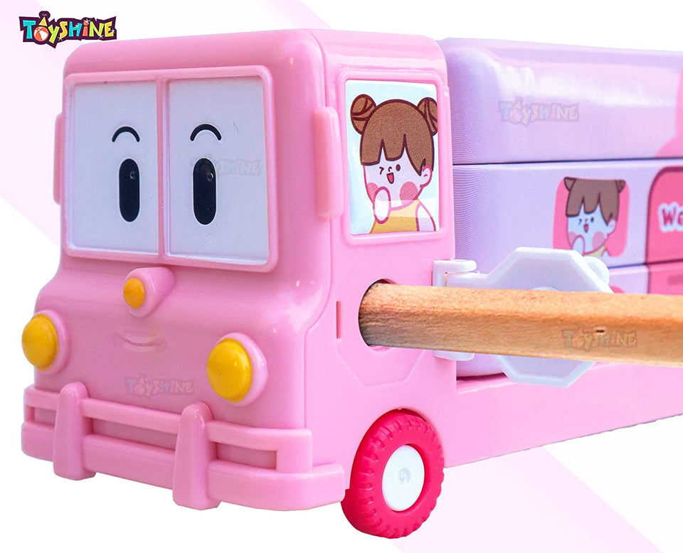 Toyshine Cartoon Printed School Bus Matal Pencil Box with Moving Tyres and Sharpner for Kids - Pink