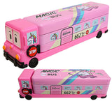 Toyshine Cartoon Printed School Bus Matal Pencil Box with Moving Tyres and Sharpner for Kids - Pink