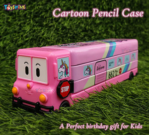 Toyshine Cartoon Printed School Bus Matal Pencil Box with Moving Tyres and Sharpner for Kids - Pink