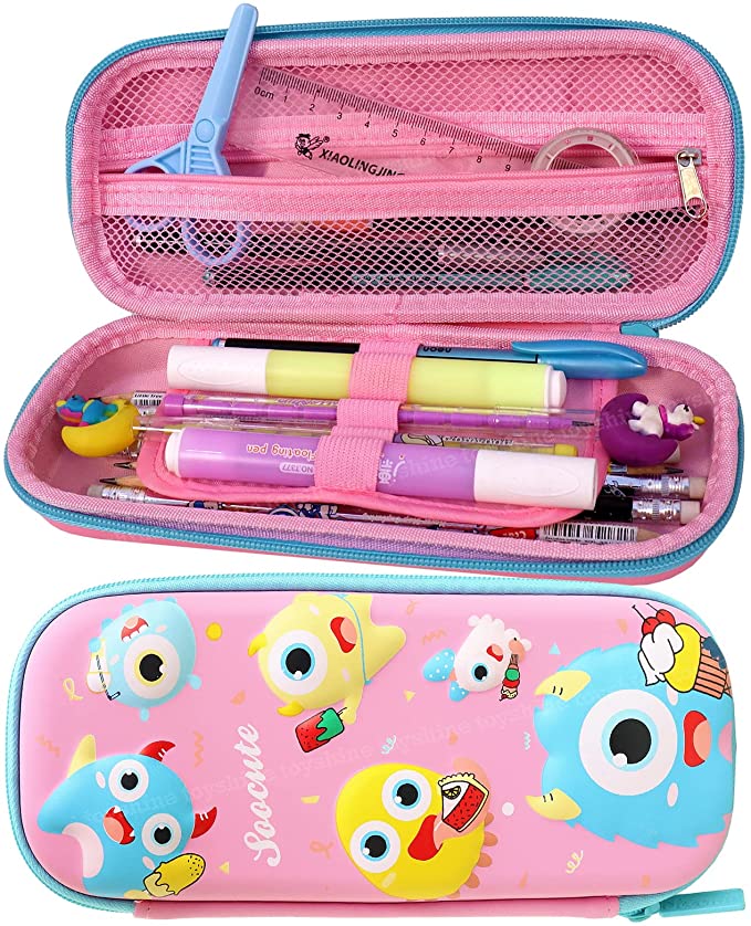 Toyshine Cute Mosnters Pink Hardtop Pencil Case with Multiple Compartments  Kids School Supply Organizer Students Stationery Box Girls Pen Pouch- 