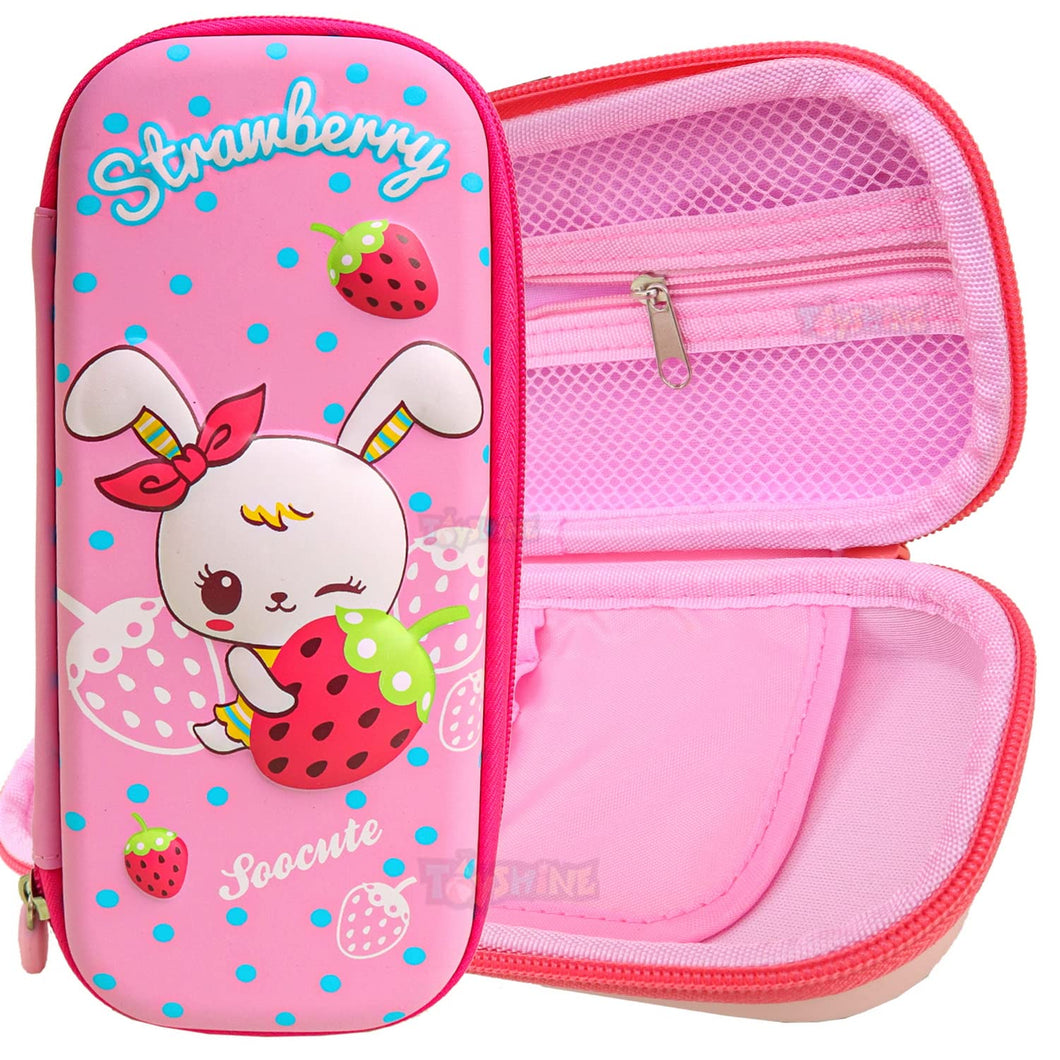 Toyshine Strawberry Pink Hardtop Pencil Case with Multiple Compartments - Kids School Supply Organizer Students Stationery Box - Girls Pen Pouch- Pink