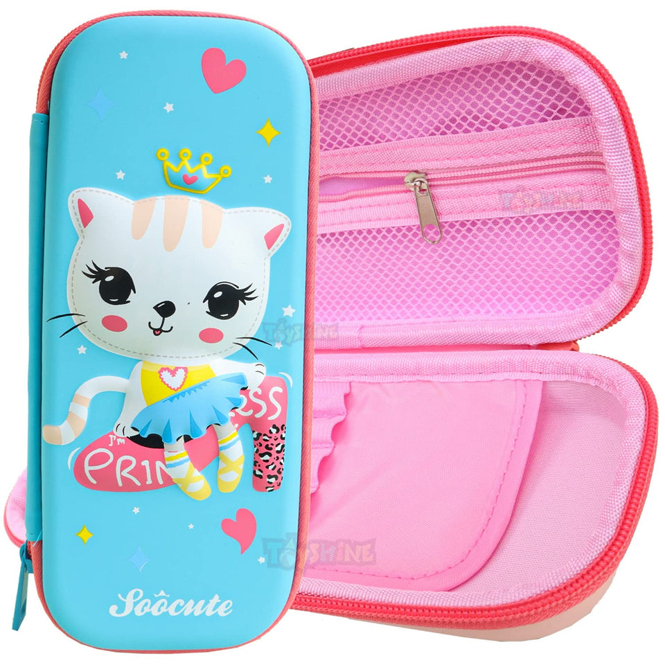 Toyshine Compact Princess Catty Hardtop Pencil Case with Compartments - Kids Large Capacity School Supply Organizer Students Stationery Box - Girls Pen Pouch- Blue