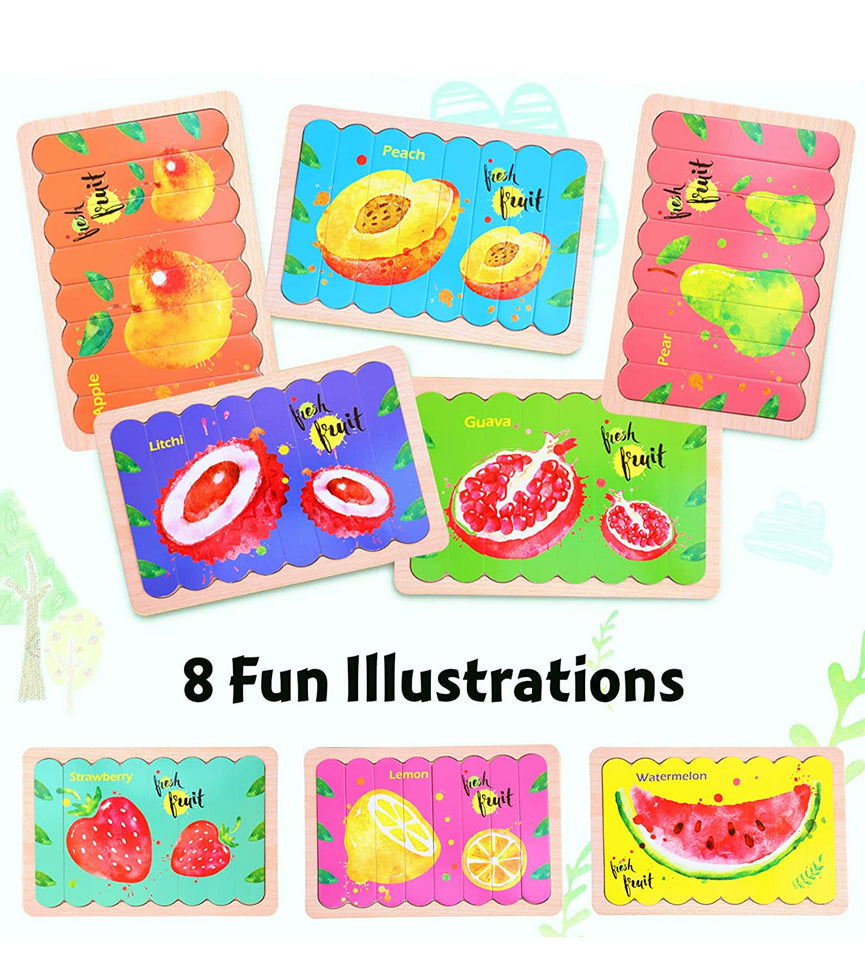 Toyshine fruit wooden jigsaw puzzles pattern blocks sorting and stacking toys peg puzzle preschool montessori educational toys (32 pieces & 8 patterns)- Multi color