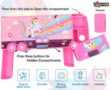 Toyshine Double Compartment Bus Pencil Box With Moving Tyres, Button Enabled Storages and Sharpner For Kids - Pink
