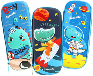 Toyshine Set of 3 Hardtop Pencil Cases with Multiple Compartments - Kids School Supply Organizer Students Stationery Box - Girls Pen Pouch (Crocodile, Space Dino and Rocket Dinosaur)