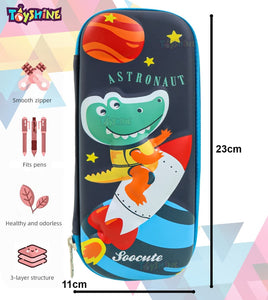 Toyshine Set of 3 Hardtop Pencil Cases with Multiple Compartments - Kids School Supply Organizer Students Stationery Box - Girls Pen Pouch (Crocodile, Space Dino and Rocket Dinosaur)