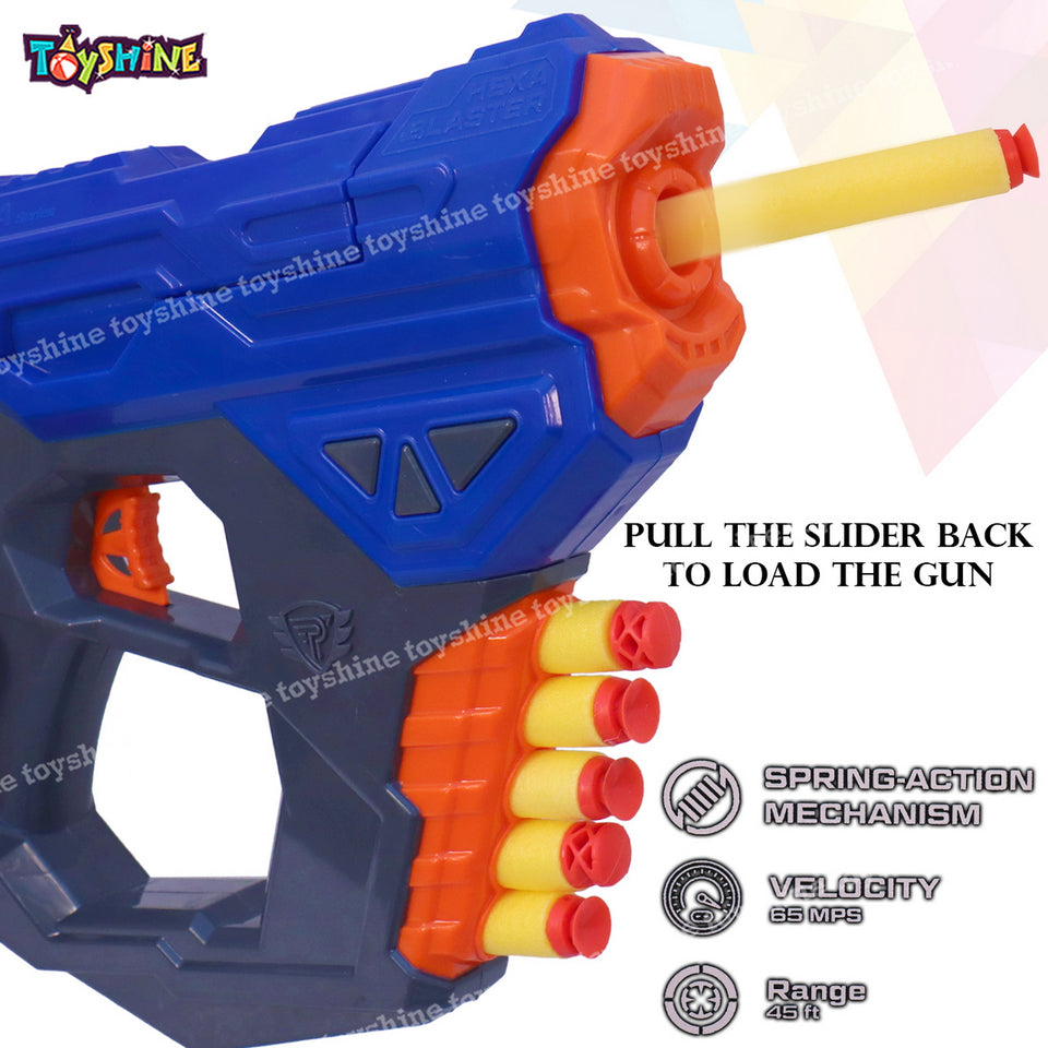 Toyshine Hexaa Warrior Foam Blaster Gun Toy, Safe and Long Range, 10 Bullets, Blue