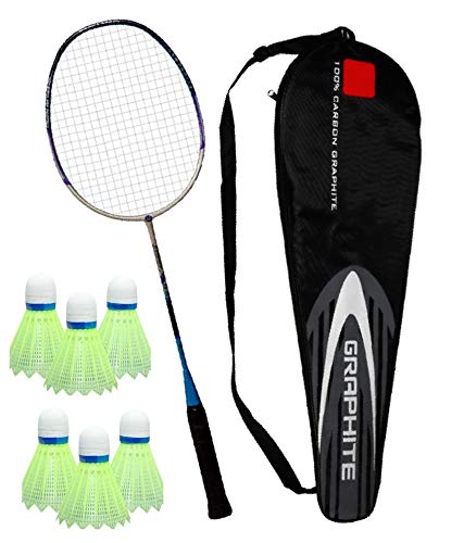 Toyshine Professional Badminton Racket, Lightweight, Head Light, One Piece High Modulus 24-Ton Graphite, Strung Includes Full Cover with 6 pc Nylon shuttles (SSTP)