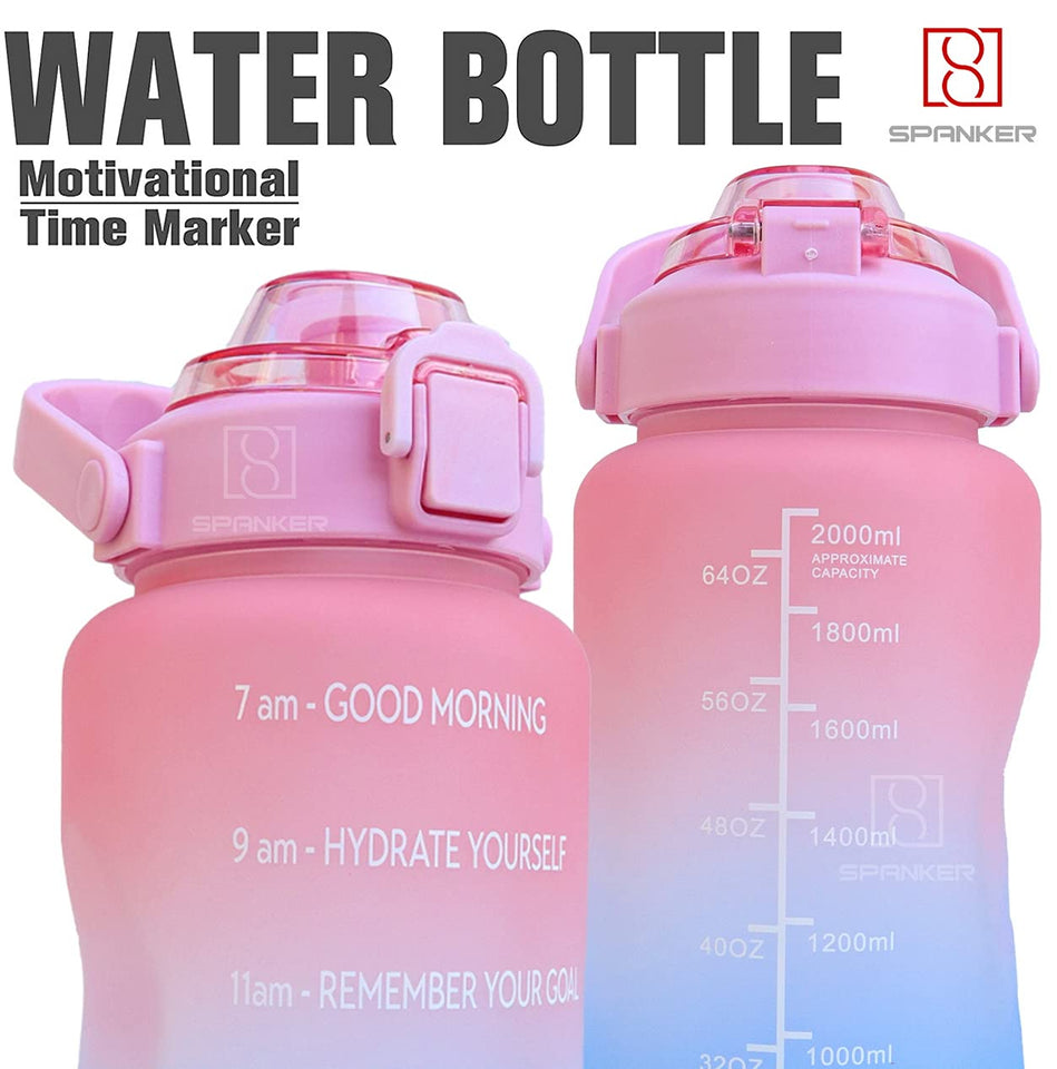 Spanker Fazer All In 1 Motivational Leakproof Water Bottle Gallon with Handle, Time Marker 2000 ML, BPA Free Fitness Sports Water Bottle, (Pink-Blue) SSTP