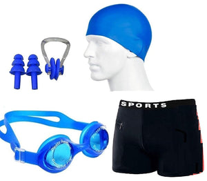 Toyshine Swimming Combo For Boys (8 To 12 yrs) -1 Trunk | 1 Goggles |1 Silicone Swimming Cap |1 Nose Clip and 2 Ear Plugs (Pro Quality), Design and color may vary SSTP