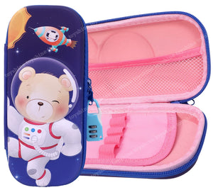 Toyshine Teddy Space Compact Hardtop Pencil Case with Multiple Compartments - Kids School Supply Organizer Students Stationery Box - Girls Boys Pen Pouch- Blue