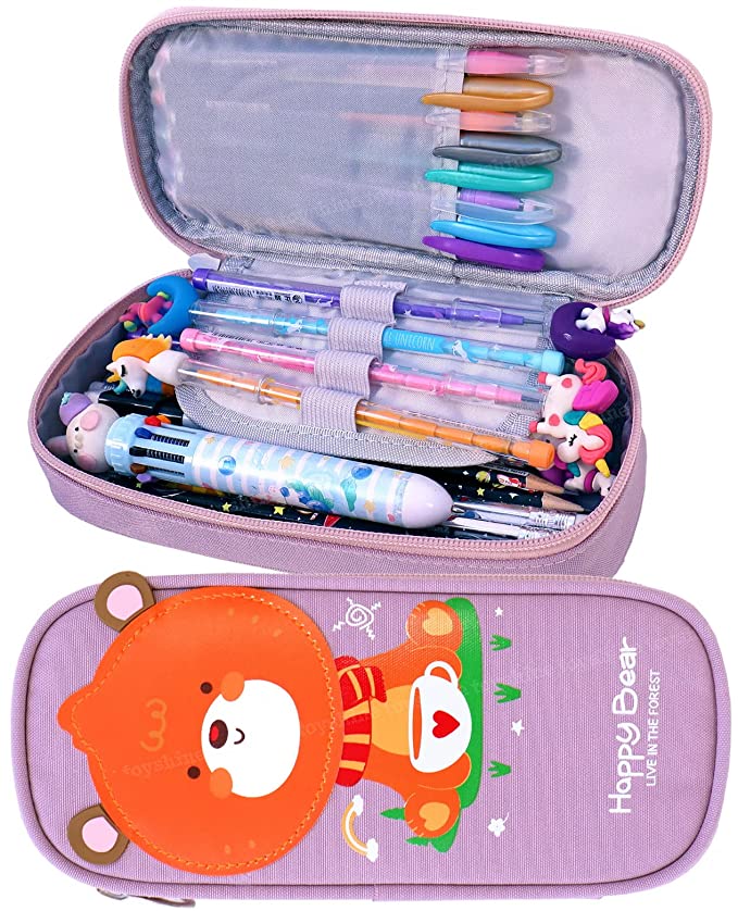 Toyshine Happy Bear Pencil Case with Multiple Compartments - Kids School Supply Organizer Students Stationery Box - Girls Pen Pouch- Multi-Color