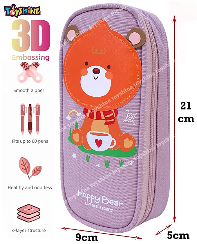 Toyshine Happy Bear Pencil Case with Multiple Compartments - Kids School Supply Organizer Students Stationery Box - Girls Pen Pouch- Multi-Color