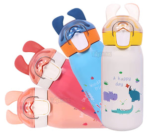 Toyshine Bunny Kids Water Bottle With Straw - Spill Proof Straw Valve, Pop Button, BPA Free Water Bottle for Kids School - Featuring Soft Silicone Handle Grip - Children's Drinkware 400 ML BIEGE