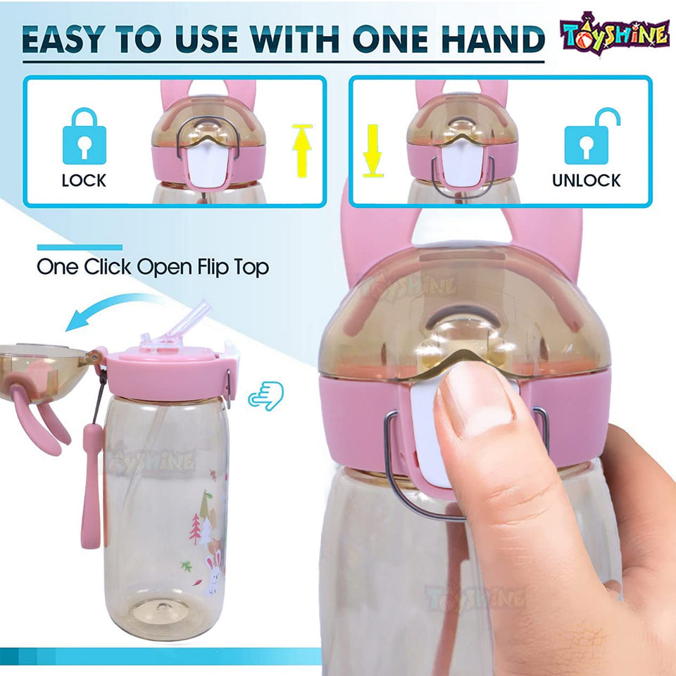 Toyshine Bunny Kids Water Bottle with Straw - Spill Proof Straw Valve, Pop Button, BPA Free Water Bottle for Kids School - Featuring Soft Silicone Handle Grip - Children's Drinkware - 550 ML