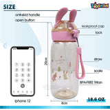 Toyshine Bunny Kids Water Bottle with Straw - Spill Proof Straw Valve, Pop Button, BPA Free Water Bottle for Kids School - Featuring Soft Silicone Handle Grip - Children's Drinkware - 550 ML