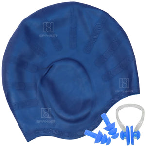 Spanker Unisex Swim Cap with 3D Ear Protection, Durable Flexible Silicone Swimming Hat for Short/Long Hair with Ear Plugs&Nose Clip, Dark Blue SSTP