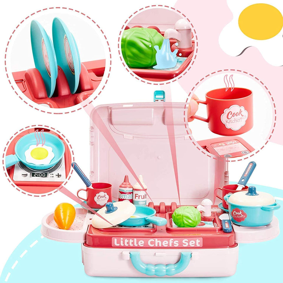 Toyshine 3 in 1 Carry Along 19 Pcs Kitchen Toy Set, Multi-Color Pretend Play Cooking Set for Kids Girls Boys Toddler Baby Gift (TS-2022)