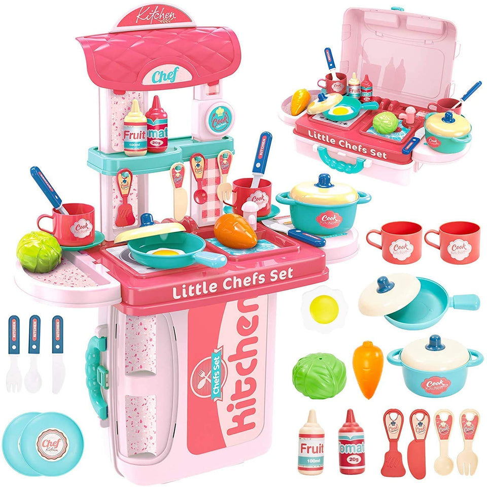 Toyshine 3 in 1 Carry Along 19 Pcs Kitchen Toy Set, Multi-Color Pretend Play Cooking Set for Kids Girls Boys Toddler Baby Gift (TS-2022)