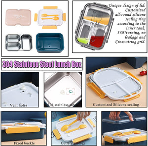 Toyshine Stainless Steel Bento Box for Kids & Adults, 2/3 Compartments Sealed & Leak-proof Lunch Box, Keep Foods Separated Food Storage Container, Food-Safe Materials(3 Compartments, Blue, Pack of 1)