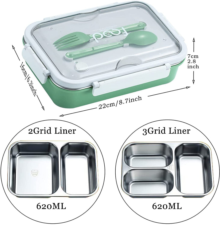 Toyshine Stainless Steel Bento Box for Kids & Adults, 2/3 Compartments Sealed & Leak-proof Lunch Box, Keep Foods Separated Food Storage Container, Food-Safe Materials(3 Compartments, Green, Pack of 1)