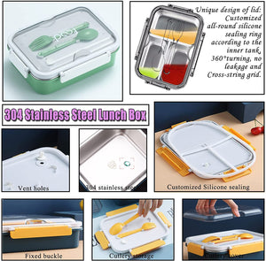 Toyshine Stainless Steel Bento Box for Kids & Adults, 2/3 Compartments Sealed & Leak-proof Lunch Box, Keep Foods Separated Food Storage Container, Food-Safe Materials(3 Compartments, Green, Pack of 1)