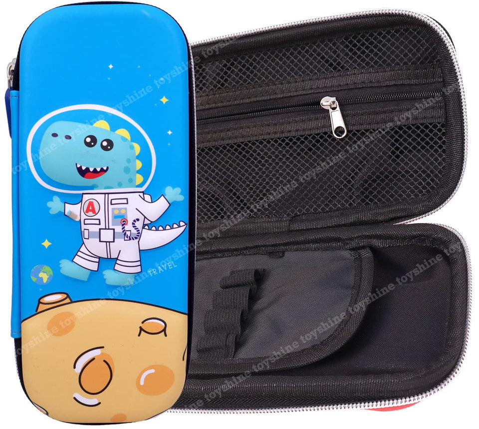 Toyshine Space Dinosaur Hardtop Pencil Case with Multiple Compartments - Kids School Supply Organizer Students Stationery Box - Girls Pen Pouch- Light Blue