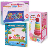 Toyshine Wooden Montessori Combo | Ring Stacker, Animal Stacker, Fishing Game