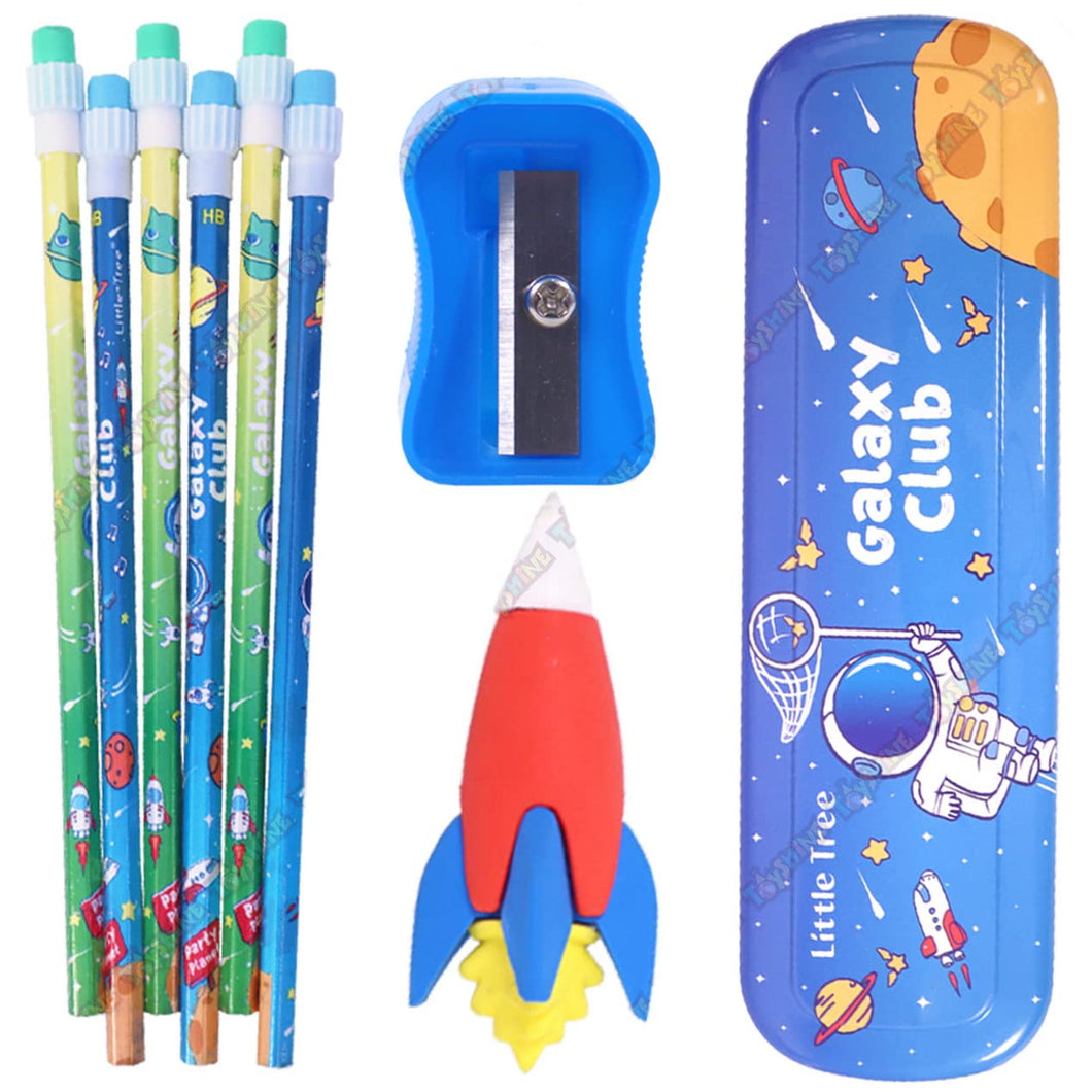 Toyshine Pack of 9 Space Stationary Set - 1 Pencil Boxes, 1 Erasers, 6 Pencils, 1 Sharpner, Birthday Party Return Gift Party Favor for Kids