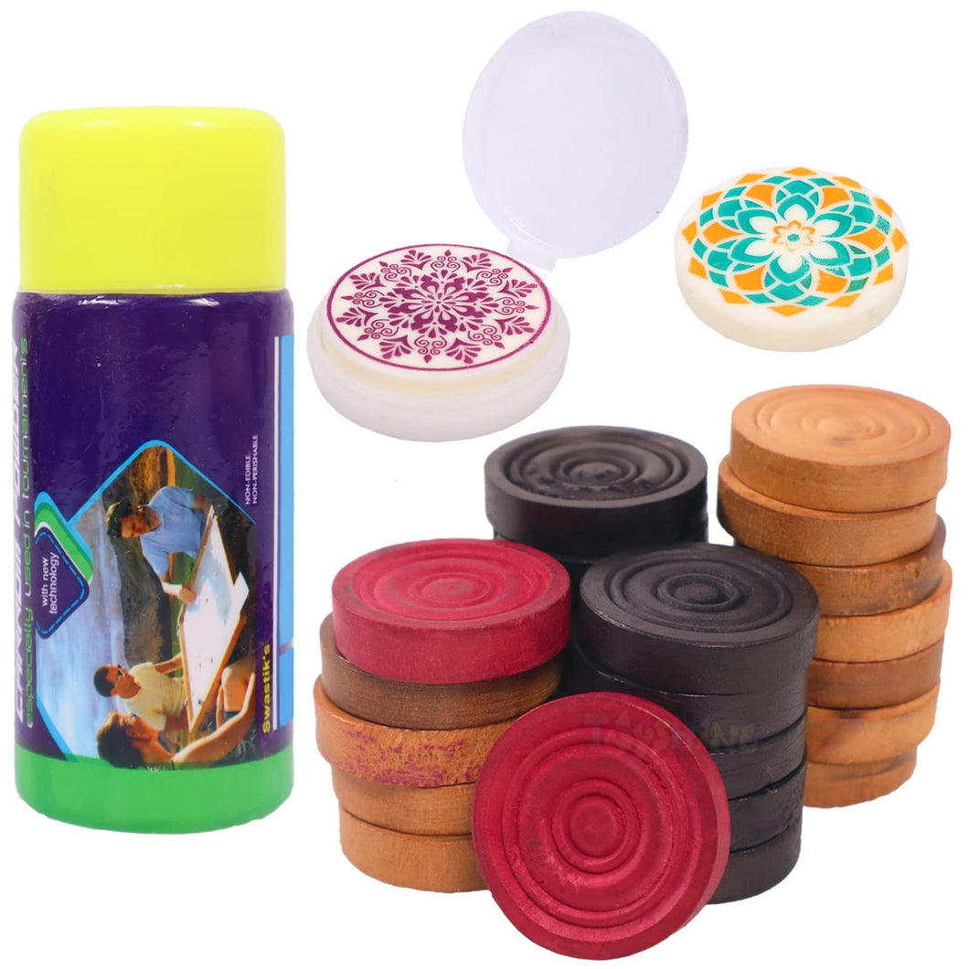 Toyshine Carrom Playing Coins and Powder - 24 Wooden Coins , 2 Striker ,1 Carrom Powder, 1 Storage Bag SSTP
