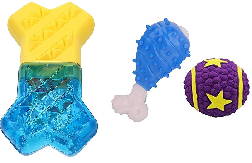Spanker Toys for Dog and Puppy - Combo of 3 - 1 Cooling Teether Toy , 1 Chicken Leg Toy and 1 Ball Sweezy Toy, Color May Vary SSTP