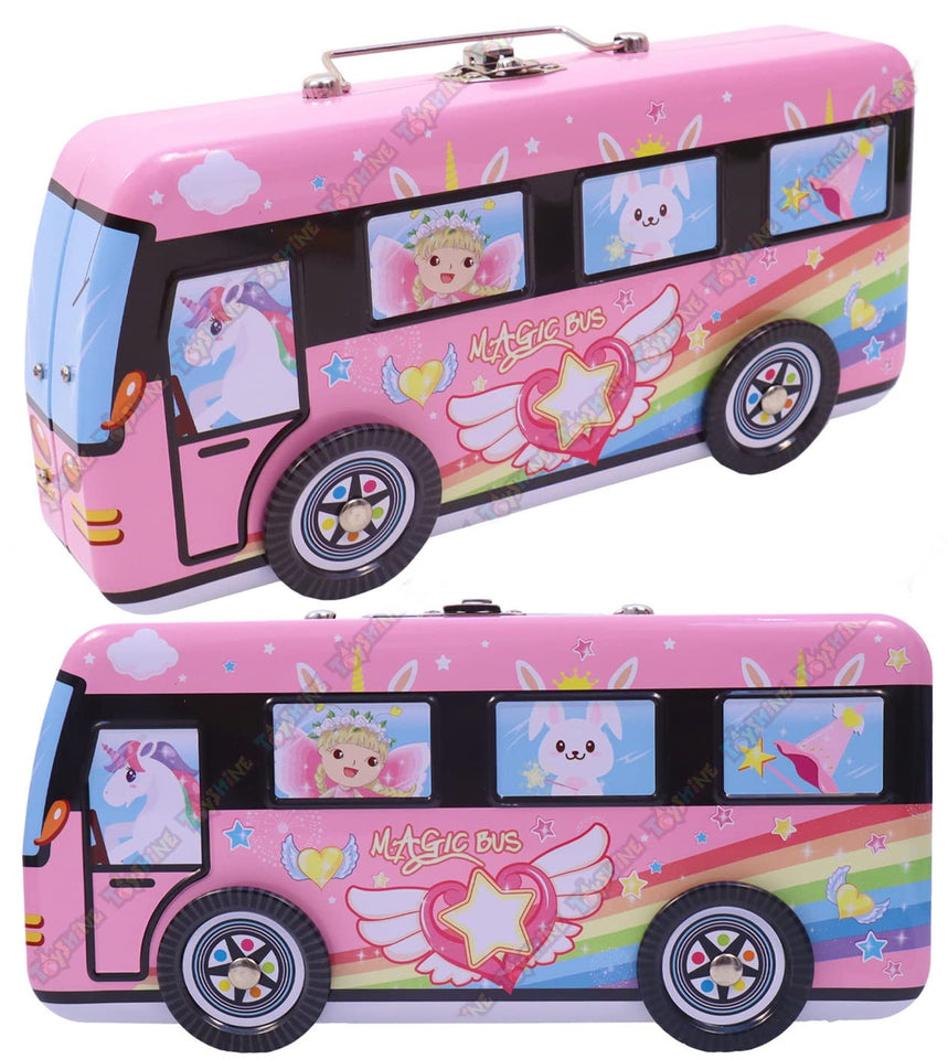 Toyshine Tripple Layer Bus Metal Pencil Box with Moving Tyres for Kids - Fun Pink