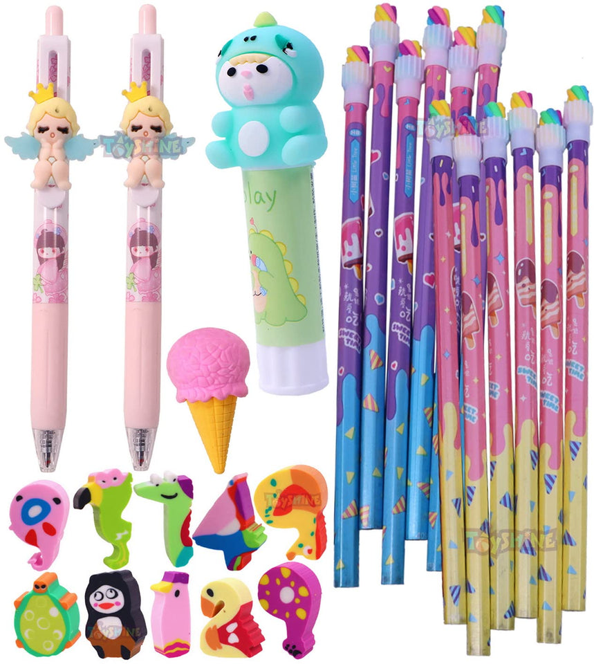 Toyshine Pack of 26 Stationery Kit Set Return Gift for Kids - 12 Ice Cream Pencils, 2 Pens, 1 Glue Stick, 10 Animal Theme Erasers, 1 Eraser