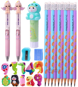Toyshine Pack of 25 Stationery Kit Set Return Gift for Kids - 10 Groove Pencils, 2 Pens, 1 Glue Stick, 10 Animal Theme Erasers, 1 Eraser, 1 Sharpener