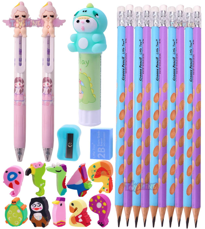 Toyshine Pack of 25 Stationery Kit Set Return Gift for Kids - 10 Groove Pencils, 2 Pens, 1 Glue Stick, 10 Animal Theme Erasers, 1 Eraser, 1 Sharpener
