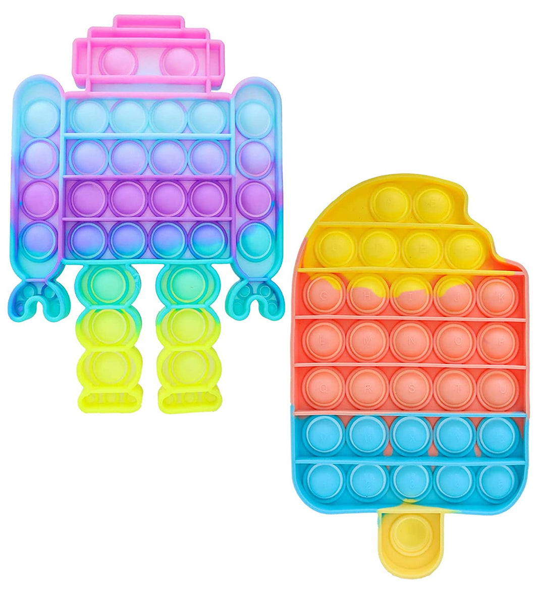 Toyshine Pack of 2- Robot and Ice Cream - Fidget Popping Sounds Toy, BPA Free Silicone, Push Bubbles Toy for Autism Stress Reliever, Sensory Toy