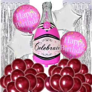 Toyshine 58 pcs Happy Birthday Birthday Girl Party Decoration Combo Pack - Pink | 5 pcs Its Birthday Foil Balloon Pack , 50 Mettalic Ballons, 2 Silver Back Drops, 1 Easy Fix Balloon Tape
