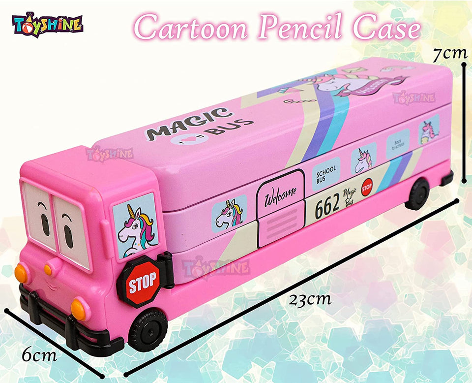 Toyshine Cartoon Printed School Bus Matal Pencil Box with Moving Tyres and Sharpner for Kids - Pink