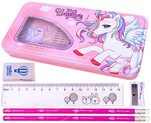 Toyshine Unicorn Metal Pencil Box, Pencil Case Double Comparment for Kids with Stationery - Pink