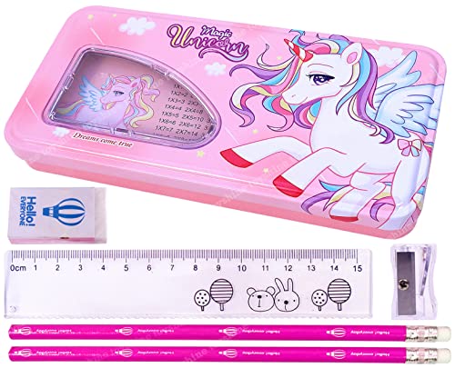 Toyshine Unicorn Metal Pencil Box, Pencil Case Double Comparment for Kids with Stationery - Pink