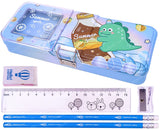 Toyshine Miloy Metal Pencil Box, Pencil Case Double Comparment for Kids with Stationery - Dino