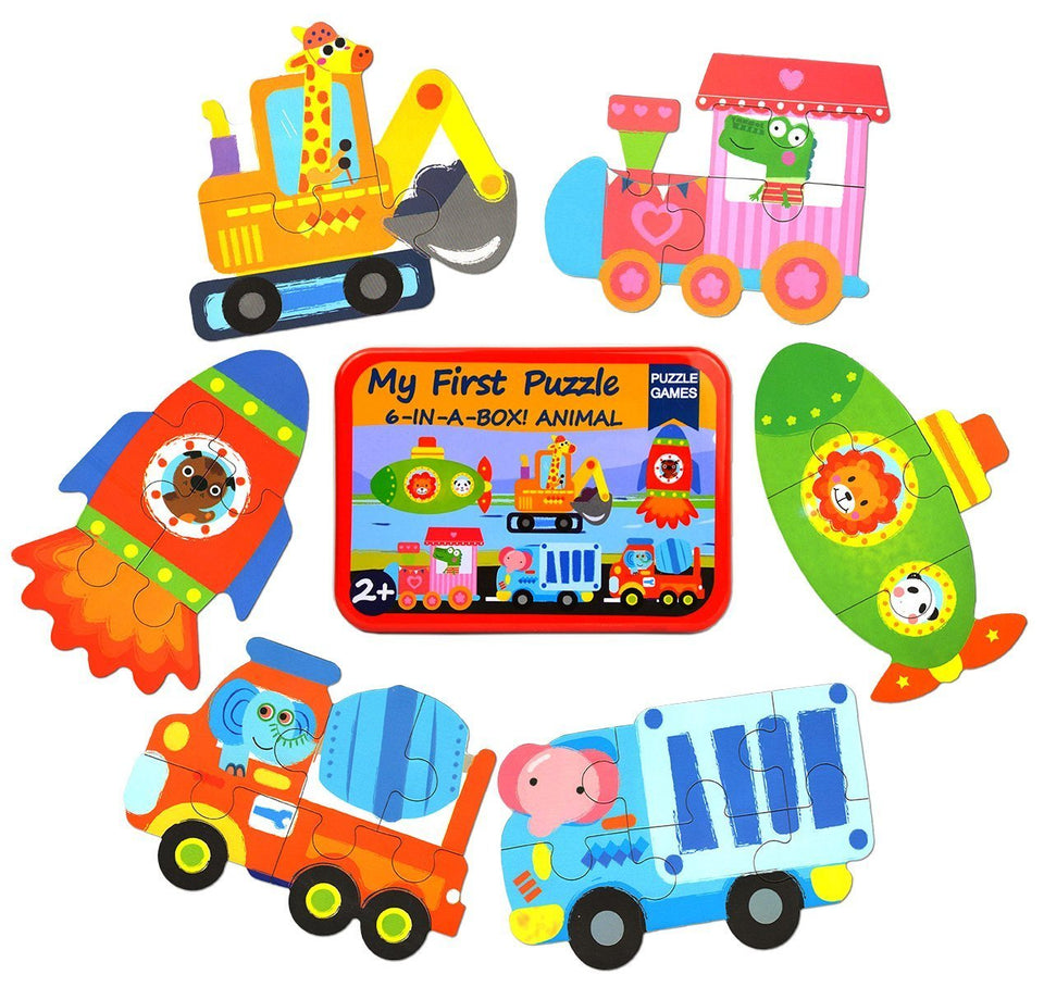 Toyshine Wooden Floor Puzzles for Toddlers, 6-in-1 Beginners Jigsaw Puzzles, Large Vehicles